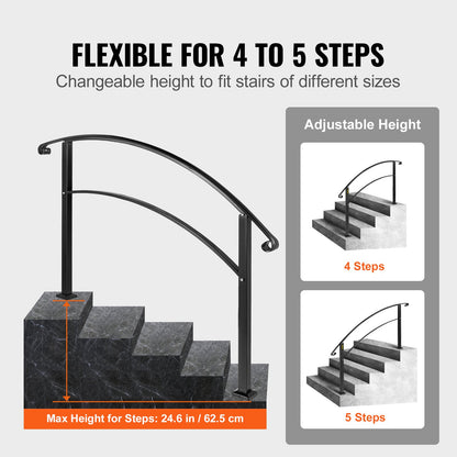 Handrails for Outdoor Steps, Fit 1 or 5 Steps Outdoor Stair Railing, Black Wrought Iron Handrail, Flexible Front Porch Hand Rail, Transitional Handrails for Concrete Steps or Wooden Stairs