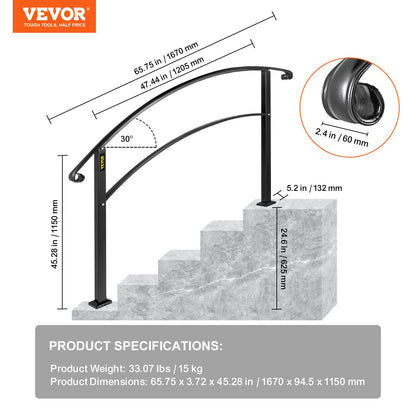 Handrails for Outdoor Steps, Fit 1 or 5 Steps Outdoor Stair Railing, Black Wrought Iron Handrail, Flexible Front Porch Hand Rail, Transitional Handrails for Concrete Steps or Wooden Stairs