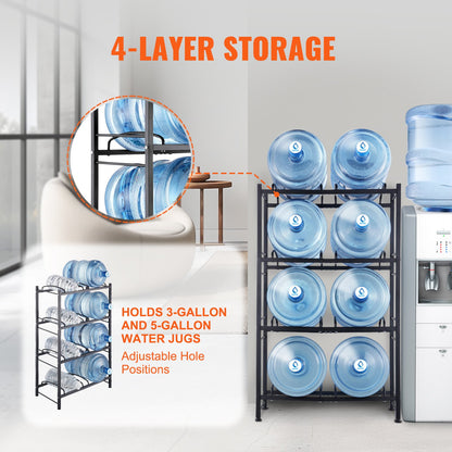 4-våningars vattenkannahållare, 5-gallons vattenflaskhållare, dubbelradig vattenflaskställ för 8 flaskor, kraftig vattenkannaställ för kök, kontor, vardagsrum, svart