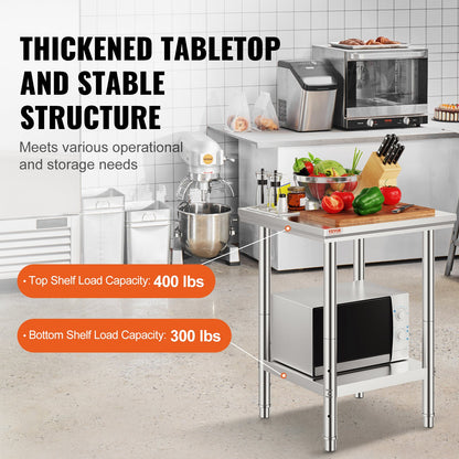 Arbetsbord 24 x 24 x 32 tum NSF arbetsbord i rostfritt stål för kommersiellt kök, förberedelsebänk 60 x 60 x 80 cm med nedre hyllplan, arbetsbord silverfärgat för kommersiellt kök, restaurang