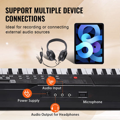 61 Key Digital Keyboard Piano, 200 Tones 200 Rhythms, Electric Portable Piano Keyboard Kit with 60 Demo Songs Built-In Dual Speakers Headphones, Piano Stickers for Beginners Learning