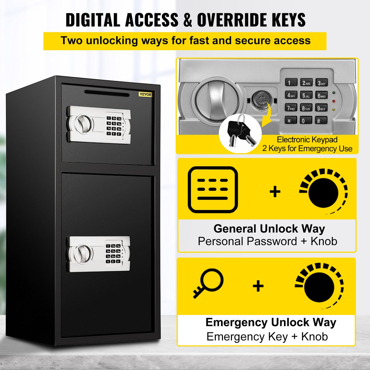 74 L Digital Double Door Safe Depository Box Gun Safes Cash Office Security Lock Strong Iron Larger Digital Safe Box