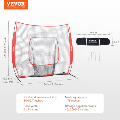 213,4 x 213,4 cm baseboll softboll träningsnät, bärbart basebollträningsnät för slag, slag och fångst, backstop basebollutrustning träningshjälpmedel med bärväska och slagzon
