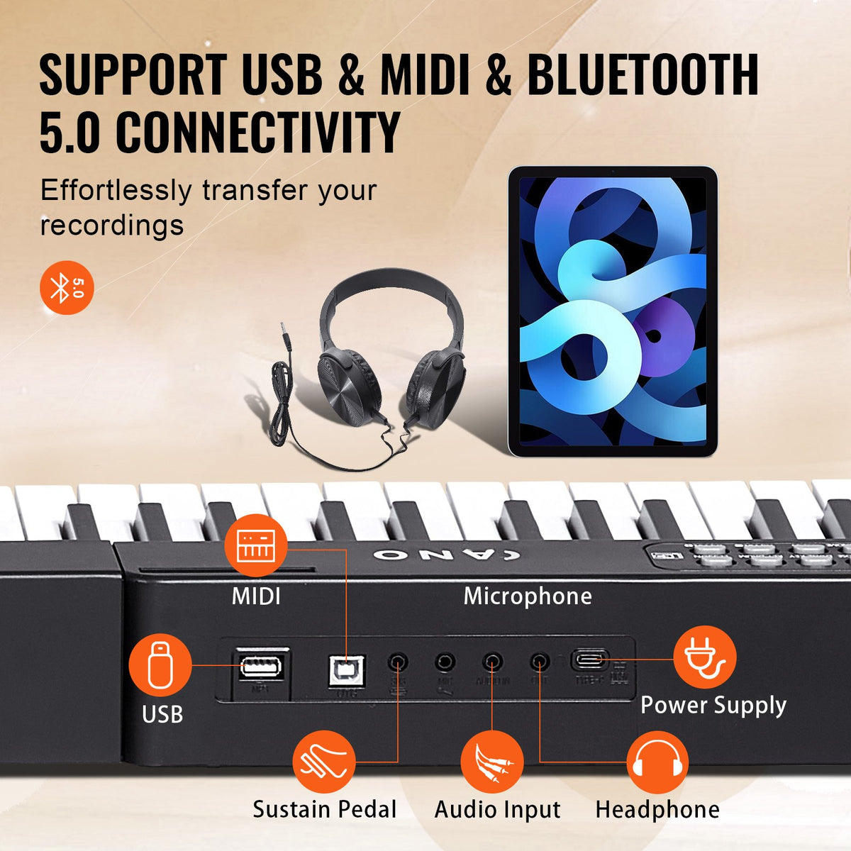 88 tangenters digitalpiano, halvviktade tangenter, elektriskt bärbart pianoset i full storlek med 1000 toners inbyggda högtalare, sustainpedal, hörlurar, Bluetooth MIDI USB för nybörjare