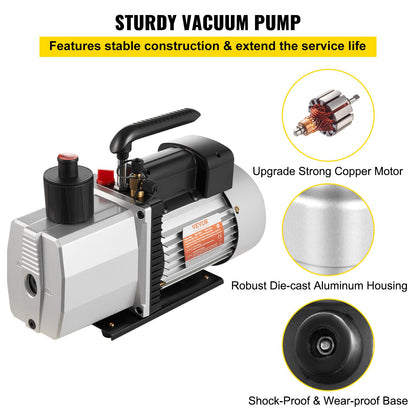 483 l/min (8 CFM) tvåstegs roterande lamellvakuumpump för professionellt bruk 15 mikron 559 W (3/4 hk)