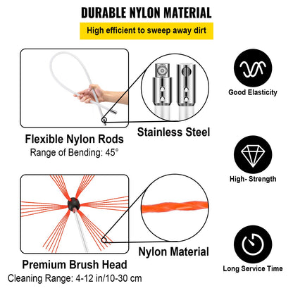Flexibla skorstensrensningsstänger, 8 m skorstensfejarstänger, nylon sotfilter för skorstensrengöring, flexibelt borsthuvud, skorstensfejarstänger, enkel att ansluta, skorstensborste med 8 vita stänger