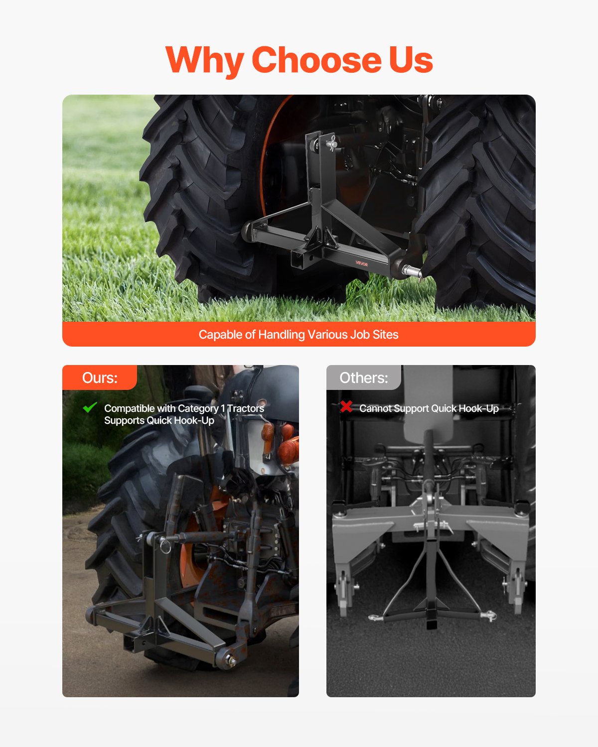 3-punkts dragkrok med 5 cm fäste, 3-punkts snabbkoppling för traktorer i kategori 1, kapacitet 1460 kg, dragstångsadapter, kompatibel med Kubota, Mahindra, Ford, Yanmar, John Deere