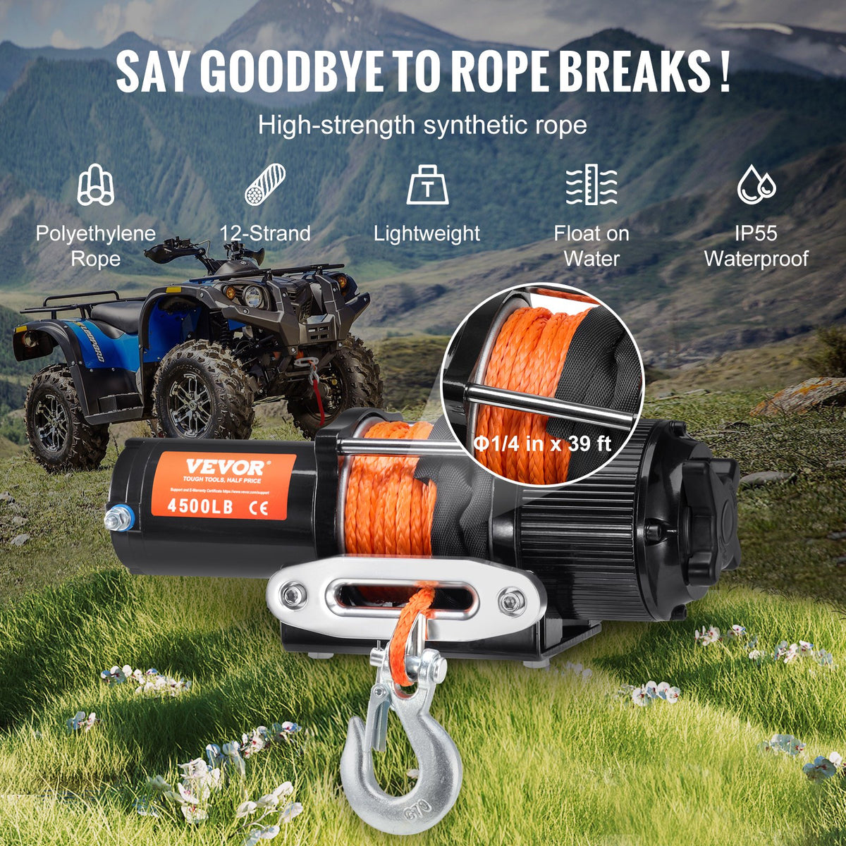 Elektrisk vinsch ATV UTV 2041,2 kg syntetiskt rep vattentät fjärrkontroll