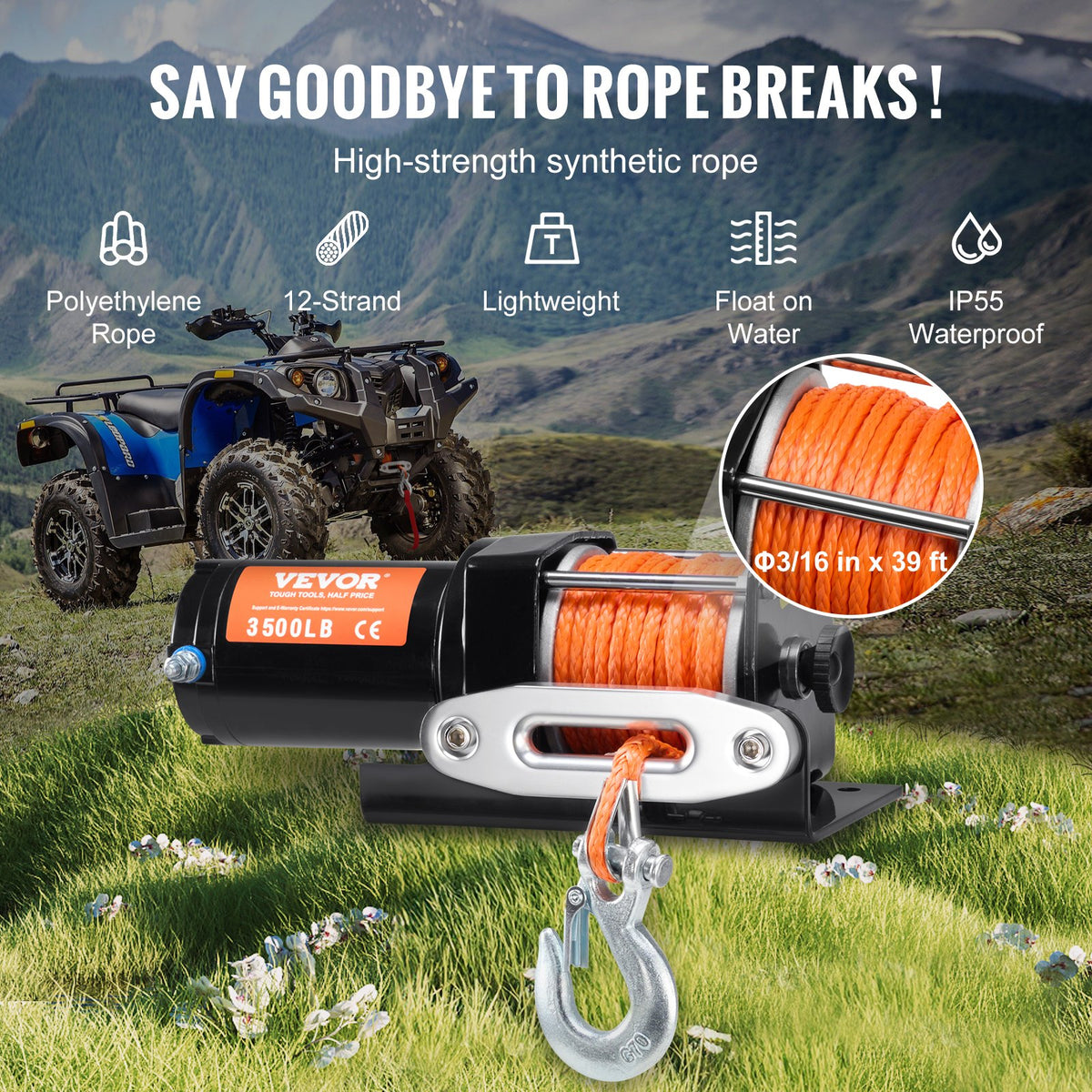 Elektrisk vinsch ATV UTV 1587,6 kg Syntetiskt rep Vattentät Kabelstyrd