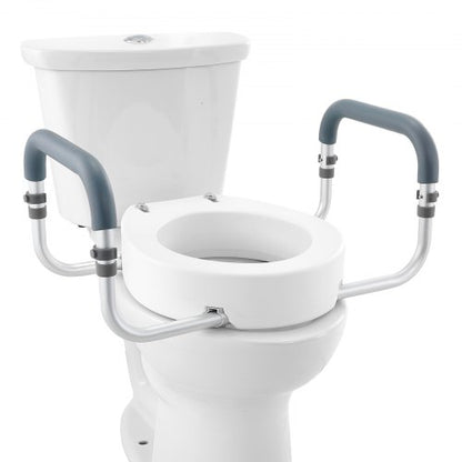 Upphöjd toalettsits, 9,5 cm hög, 136 kg viktkapacitet, för standard rund toalett, aluminiumräcke, med EVA-armstödsstoppning, för äldre, handikappade, patienter, gravida, sjukvårdspersonal