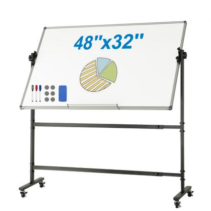 Rullande whiteboardtavla, 48x32 tum dubbelsidig magnetisk mobil whiteboardtavla, 360° vändbar, höjdjusterbar whiteboardtavla med hjul och flyttbart fack för kontor och skola