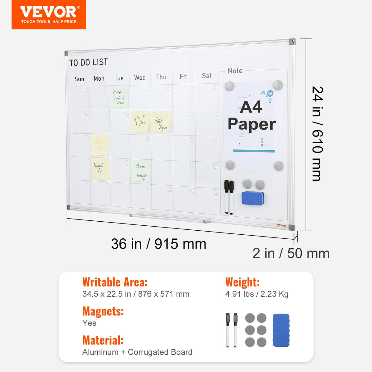Calendar Whiteboard, 36 x 24 Inches Magnetic Dry Erase Calendar Board, Monthly Planner Whiteboard for Wall, 1 Magnetic Erase & 2 Dry Erase Marker & Movable Tray for Restaurant Office Home School