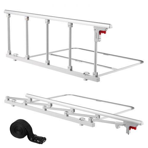 Foldable Bed Rail for Elderly, 122 cm Bedside Assist Rail with Fixing Strap, Adjustable Height Pipe Bedside Cane, High-Strength Metal Senior Bed Bar, Hand Guard Grab Fits King, Queen, Full, Twin