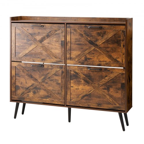 Skoskåp med 4 fällbara lådor, lantlig skoförvaringsskåp med träben och tippskydd, fristående skoorganisatör, perfekt för entré, hall, sovrum, vardagsrum, brun