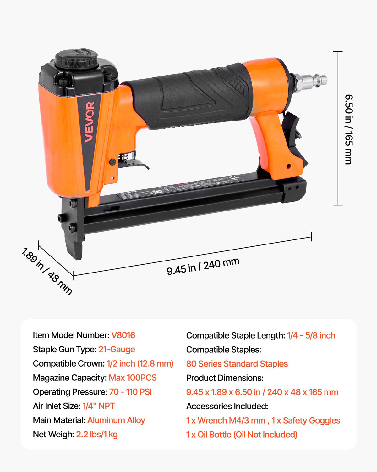 Pneumatic Staple Gun, 21 Gauge Pneumatic Upholstery Stapler for 80 Series 12.8mm Crown 6mm-16mm Length Staples, 70-110 PSI Air Staple Gun for Woodworking, Upholstering, Crafts, DIY Projects