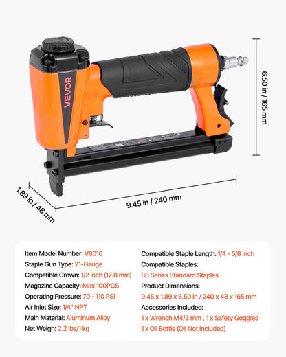 Pneumatic Staple Gun, 21 Gauge Pneumatic Upholstery Stapler for 80 Series 12.8mm Crown 6mm-16mm Length Staples, 70-110 PSI Air Staple Gun for Woodworking, Upholstering, Crafts, DIY Projects