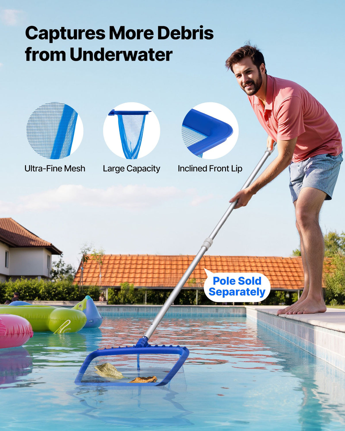 Swimming Pool Cleaning Kit, Includes 2 Detachable Brush Heads (508 mm / 139.7 mm) and 2 Pool Skimmer Nets, 4-in-1 Inground/Above Ground Pools Cleaning Tools Set for Leaf, Fine Mesh, No Poles