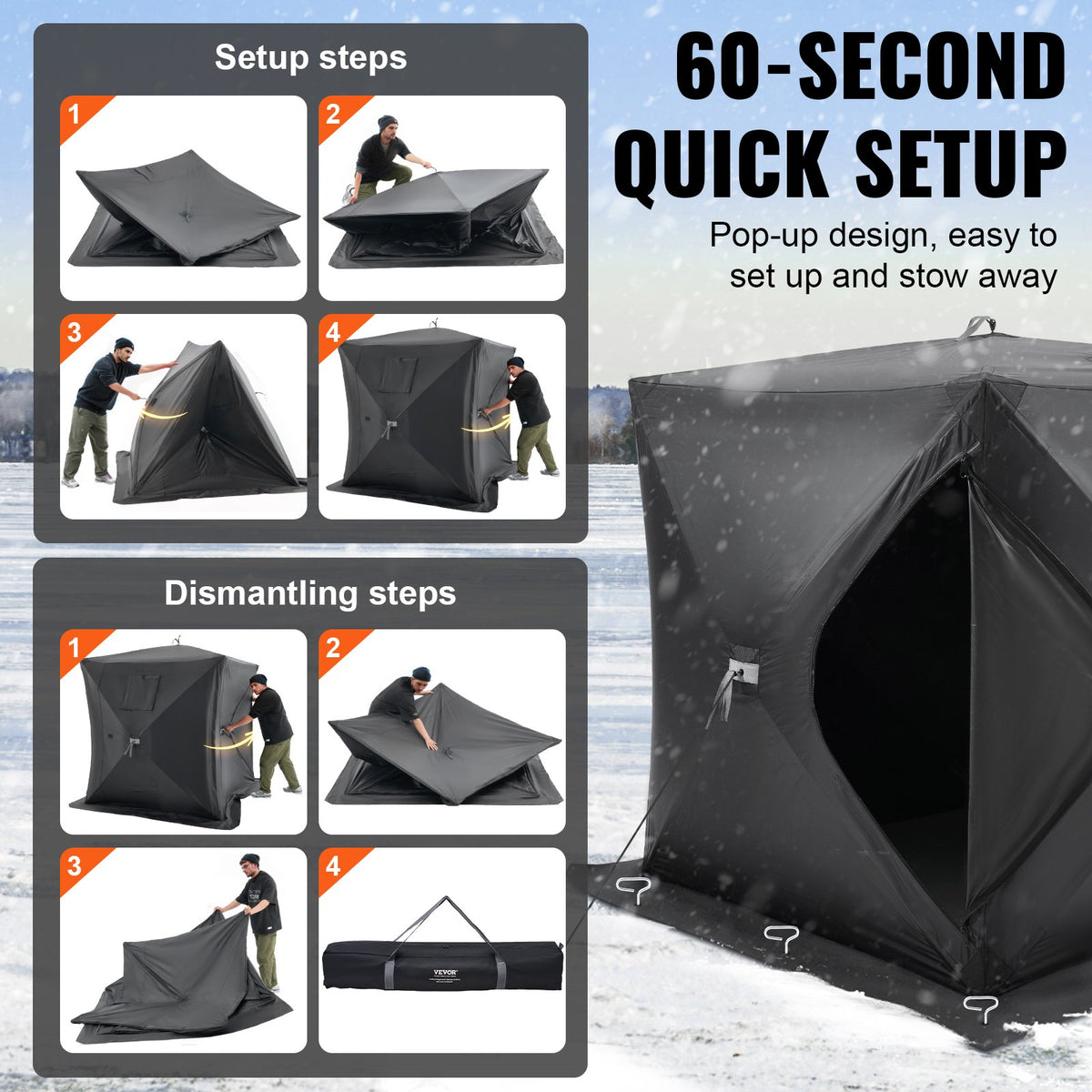 Bärbart isskydd, 1-2 personers popup-isfisketält, 24 kvadratfot fiskyta, isskydd för vinterfiske, vattentät Oxford-isbit med ankare/rep/bärväska, 60"x60", svart