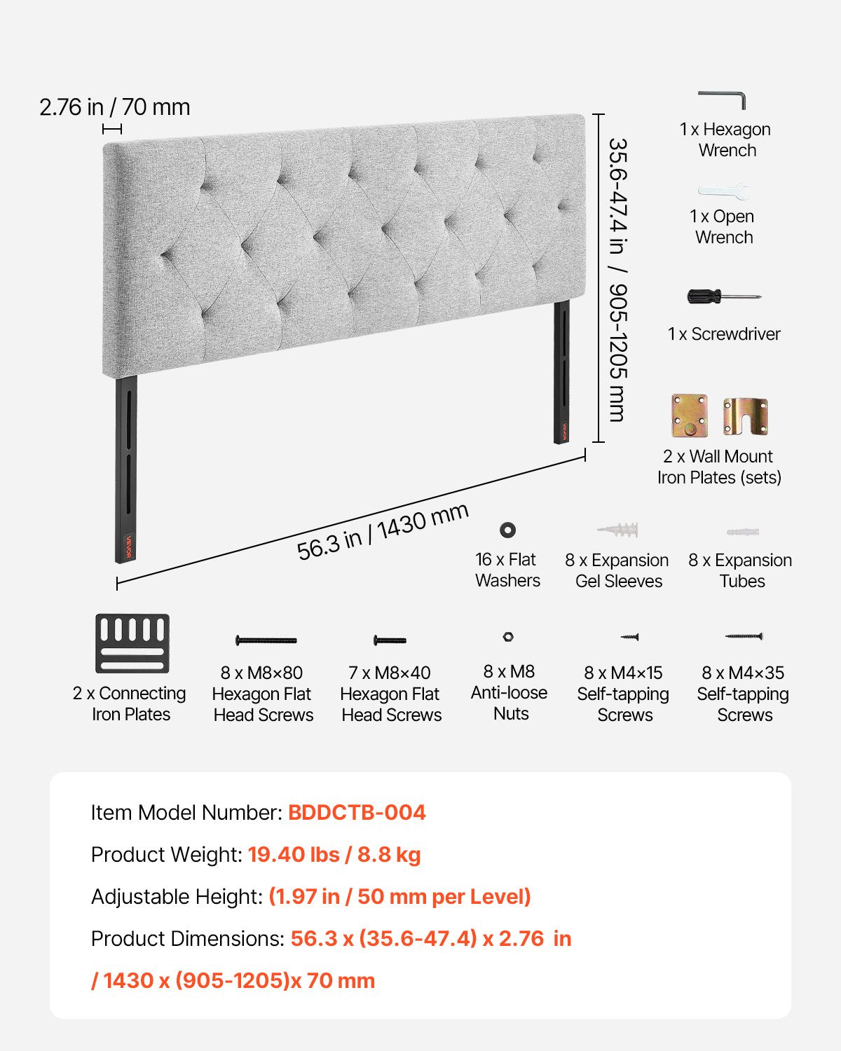 Huvudgavel, fullstor huvudgavel med justerbar höjd, bekväm diamantformad kupa för fullstor säng, B 56,3 x H (35,6-47,4) tum, perfekt för sovrum, hotell, hemvistelse, sovsal, ljusgrå
