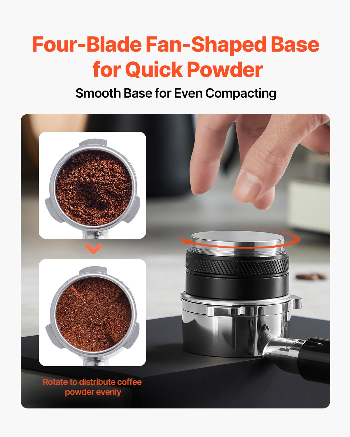 Kaffefördelare 53 mm, 2-i-1 justerbar espressofördelare med fläktformad bas, kaffefördelare i 304 rostfritt stål med lättdemonterbar design