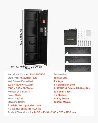 Wall Safe, 4-Tier Hidden Wall Mounted Gun Safe with Password & Key, Q235 Cold-Rolled Steel In-Wall Box with LED Lighting, 3 Adjustable Shelves & Key Holders for Money, Jewelry, Passport, Black