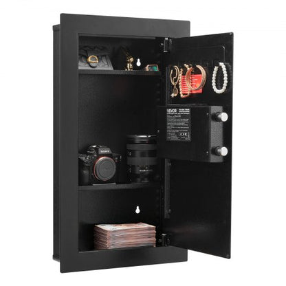 Wall Safe, 3-Tier Hidden Wall Mounted Safe with Password & Key, Q235 Cold-Rolled Steel In-Wall Box with LED Lighting, 2 Adjustable Shelves & 5 Key Holders for Money, Jewelry, Passport, Black