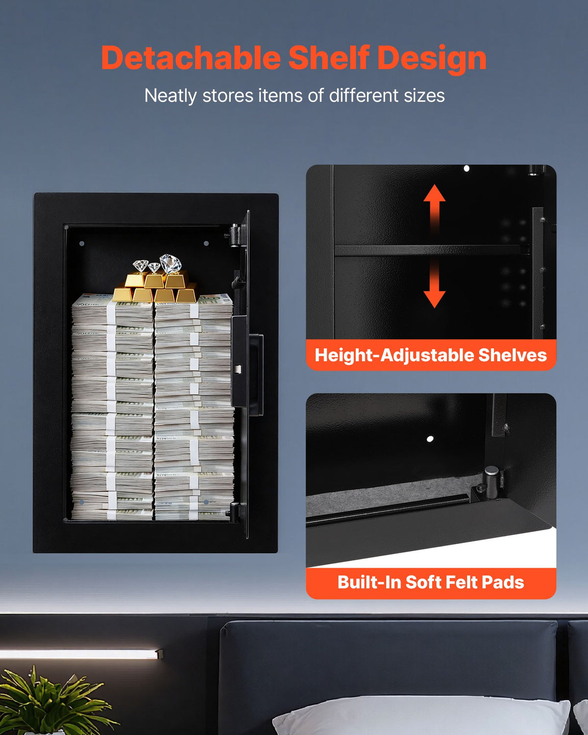 Wall Safe, 3-Tier Hidden Wall Safe with Fingerprint, Password, Key & Turning Knob, Q235 Cold-Rolled Steel In-Wall Box with Adjustable Shelves & Key Holders for Money, Jewelry, Passport, Document