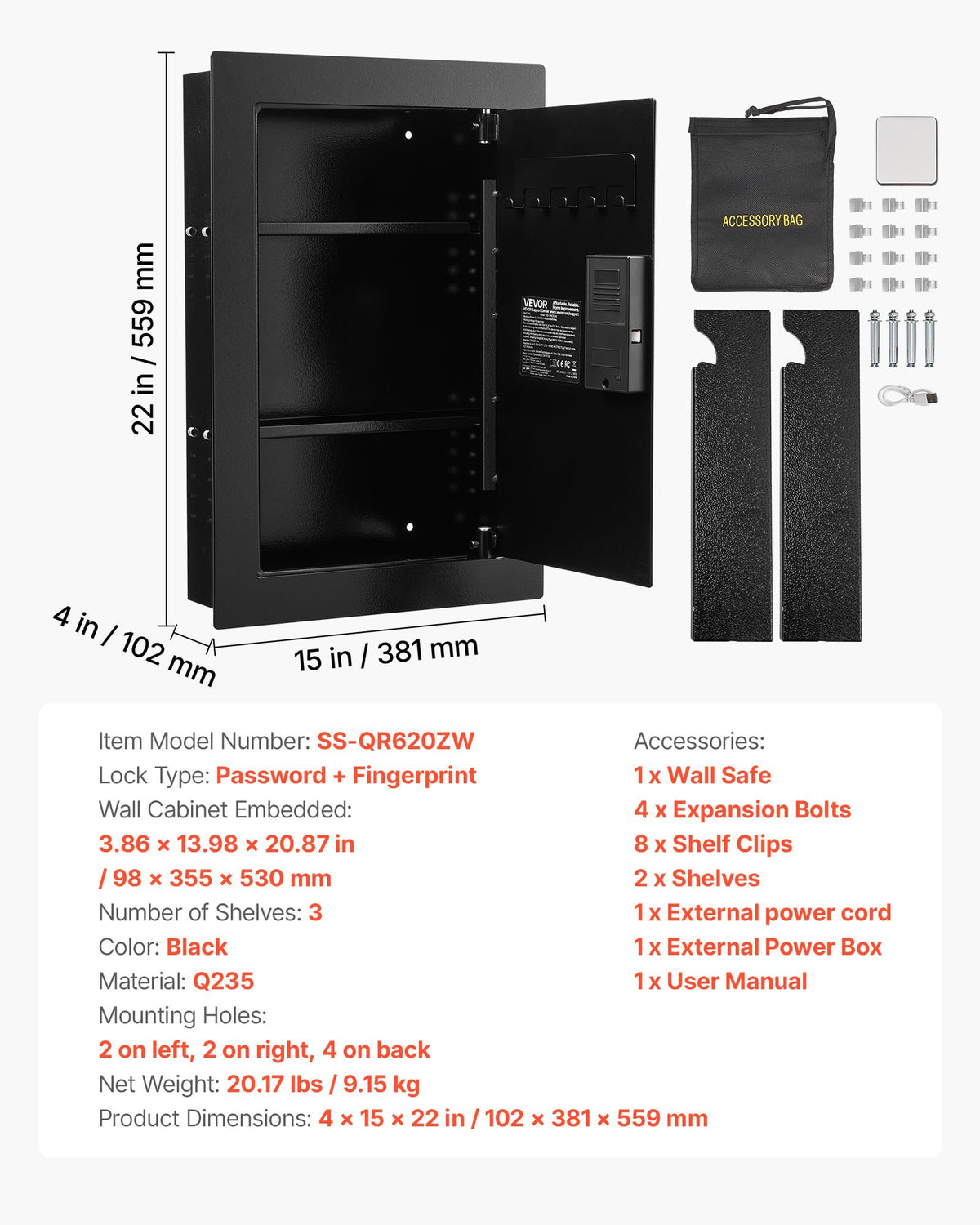 Wall Safe, 3-Tier Hidden Wall Safe with Fingerprint, Password, Key & Turning Knob, Q235 Cold-Rolled Steel In-Wall Box with Adjustable Shelves & Key Holders for Money, Jewelry, Passport, Document
