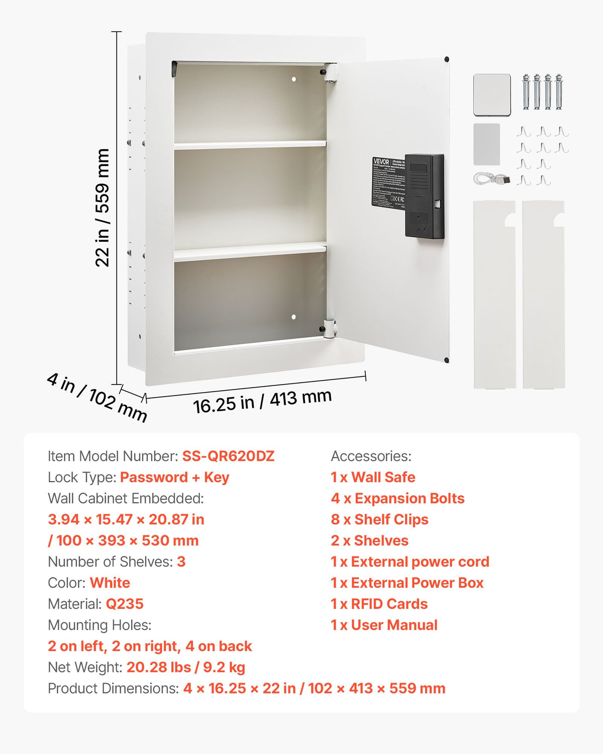 0.83 sq.ft Wall Safe, 3-Tier Hidden Wall Safe with Password, Key & Turning Knob, Q235 Cold-Rolled Steel In-Wall Box with Adjustable Shelves & Mounting Holes for Money, Jewelry, Passport, White