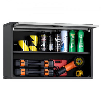 Metallväggskåp, 77B x 30,5D x 50H cm, Flytande garageverktygsskåp med uppfällbar dörr och hyllplan, 108,9 kg lastkapacitet, Lämplig för garage, källare, kök, lager. Montering krävs.