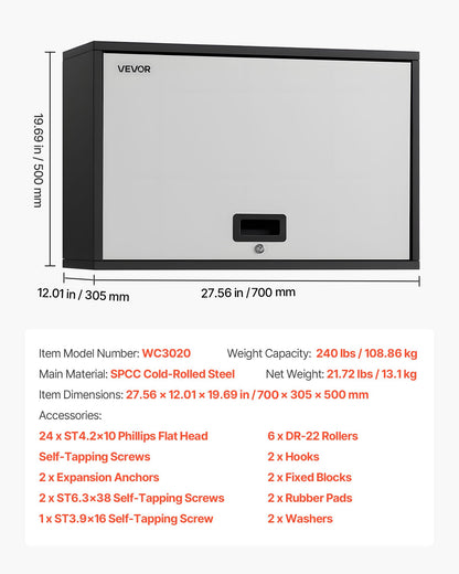 Metallväggskåp, 77B x 30,5D x 50H cm, Flytande garageverktygsskåp med uppfällbar dörr och hyllplan, 108,9 kg lastkapacitet, Lämplig för garage, källare, kök, lager. Montering krävs.