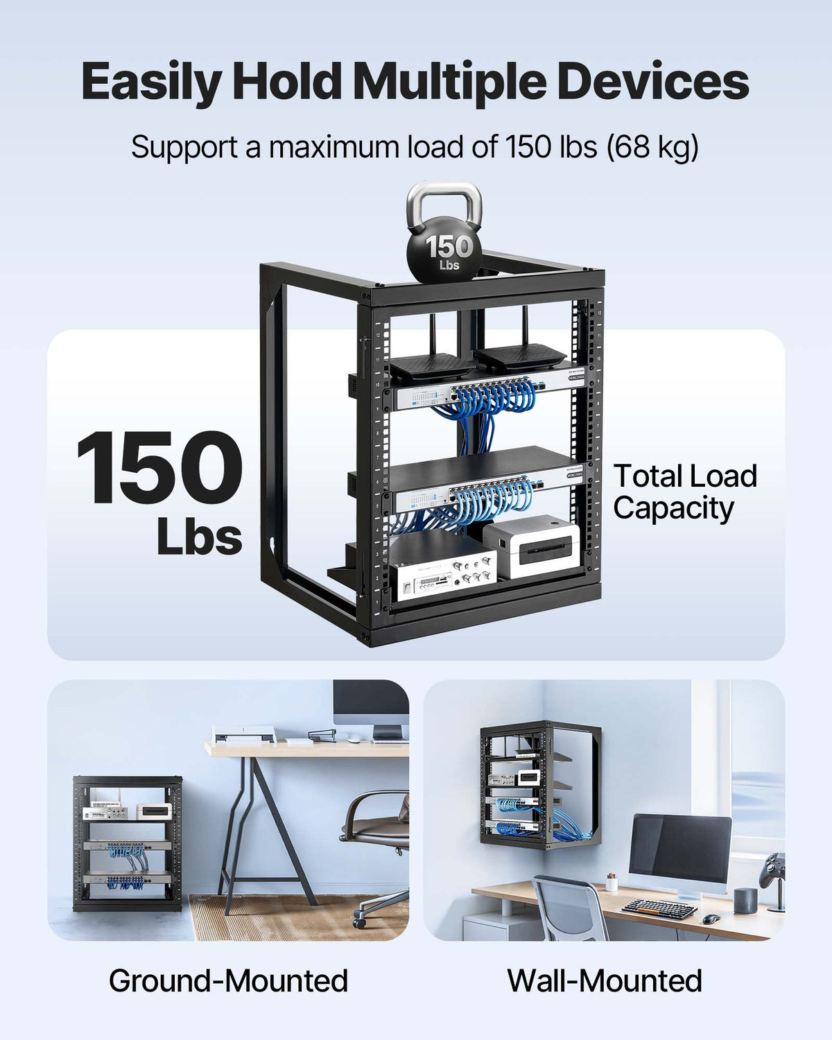 12U väggmonterat serverrack, 68,04 kg maxlastkapacitet, nätverksrack med öppen ram och 180 graders svängdörr, kolstål, perfekt för IT-nätverksutrustning och AV-enheter, datorserver, svart