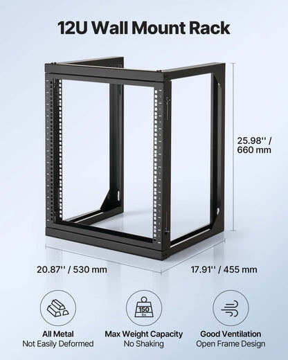 12U väggmonterat serverrack, 68,04 kg maxlastkapacitet, nätverksrack med öppen ram och 180 graders svängdörr, kolstål, perfekt för IT-nätverksutrustning och AV-enheter, datorserver, svart