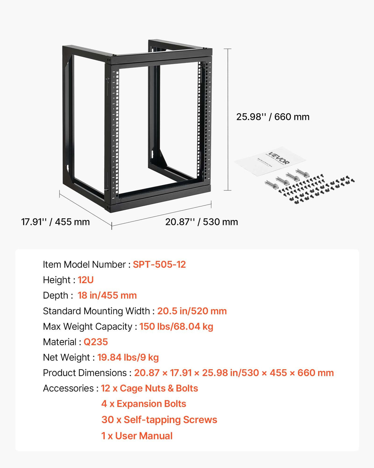 12U väggmonterat serverrack, 68,04 kg maxlastkapacitet, nätverksrack med öppen ram och 180 graders svängdörr, kolstål, perfekt för IT-nätverksutrustning och AV-enheter, datorserver, svart