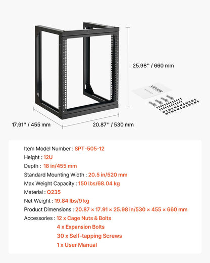 12U väggmonterat serverrack, 68,04 kg maxlastkapacitet, nätverksrack med öppen ram och 180 graders svängdörr, kolstål, perfekt för IT-nätverksutrustning och AV-enheter, datorserver, svart
