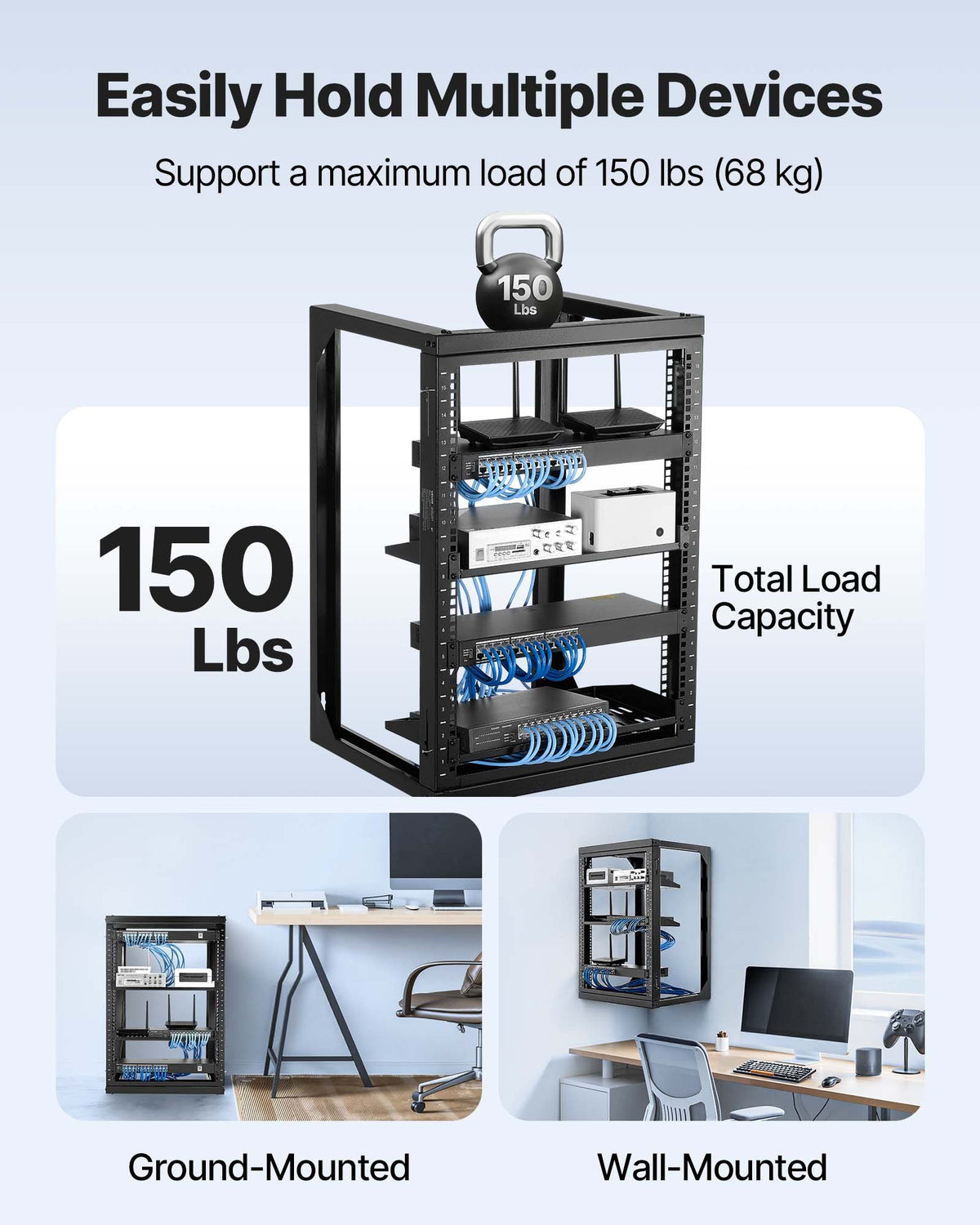 15U Wall Mount Server Rack, 68.04 kg Max Load Capacity, Open Frame Network Rack with 180 Degrees Gate Swing Door, Carbon Steel, Ideal for IT Network Equipment & AV Devices Computer Server, Black