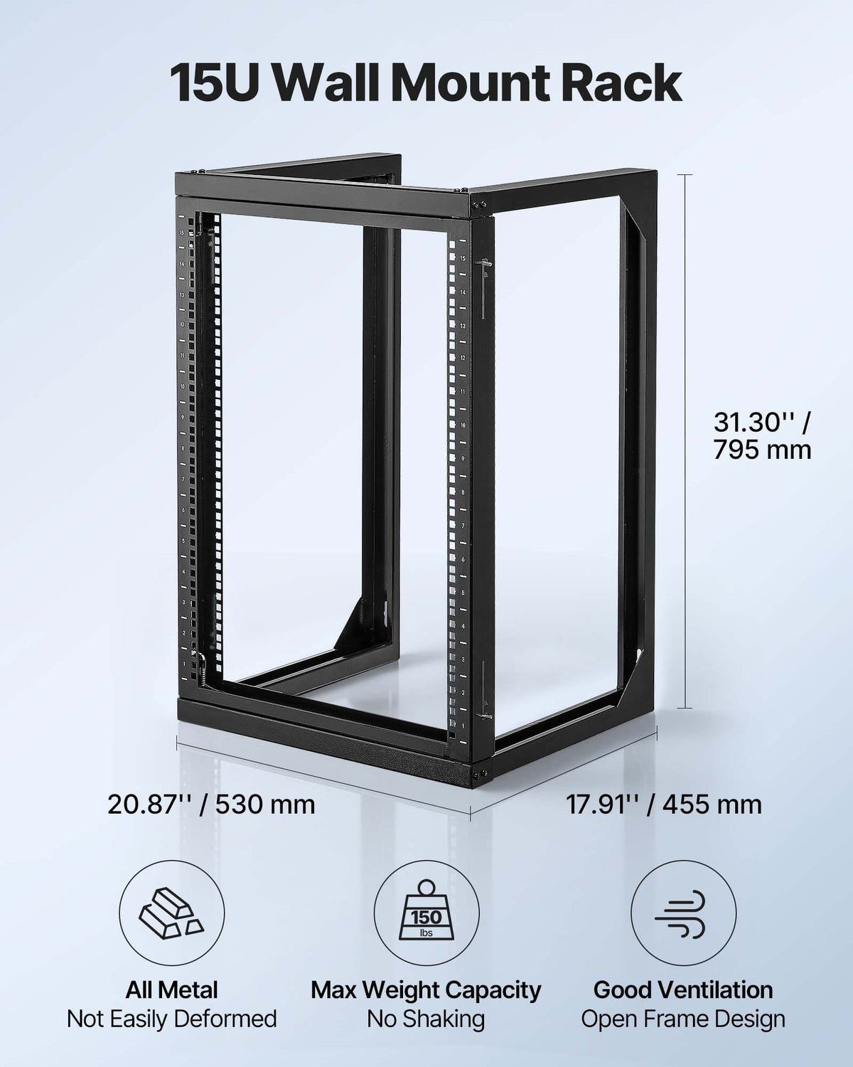 15U Wall Mount Server Rack, 68.04 kg Max Load Capacity, Open Frame Network Rack with 180 Degrees Gate Swing Door, Carbon Steel, Ideal for IT Network Equipment & AV Devices Computer Server, Black