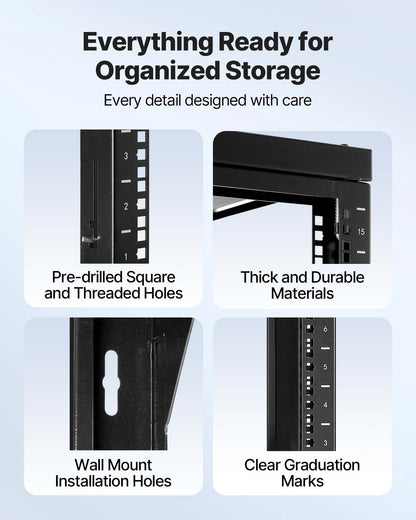 15U Wall Mount Server Rack, 68.04 kg Max Load Capacity, Open Frame Network Rack with 180 Degrees Gate Swing Door, Carbon Steel, Ideal for IT Network Equipment & AV Devices Computer Server, Black