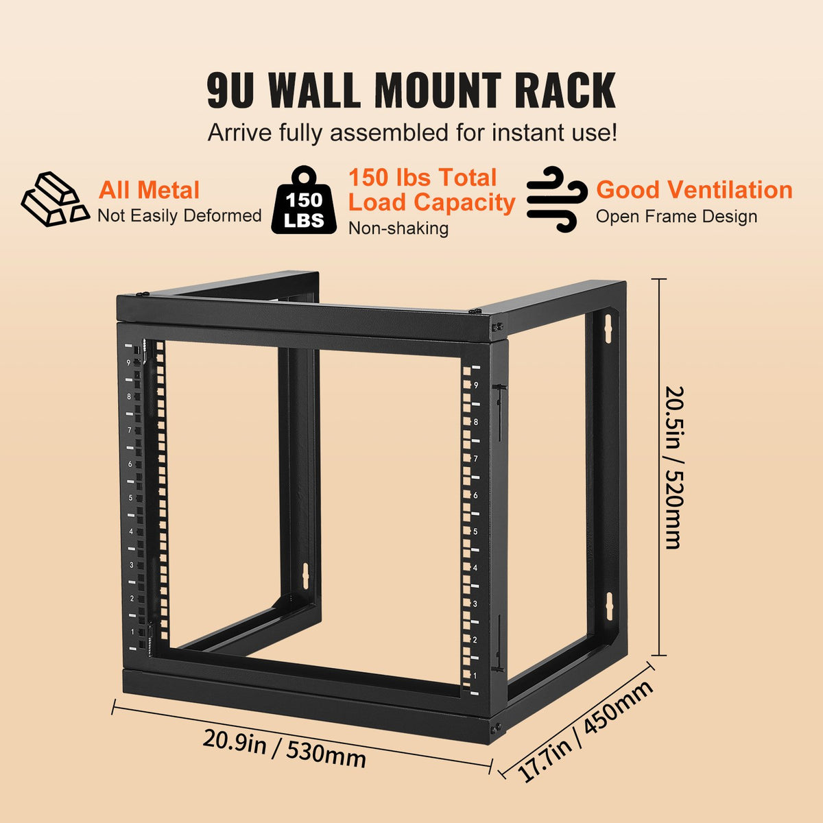 9U väggmonterat rack 68,04 kg öppen ram server nätverksrack svart 530x450x520 mm