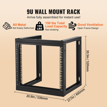 9U väggmonterat rack 68,04 kg öppen ram server nätverksrack svart 530x450x520 mm