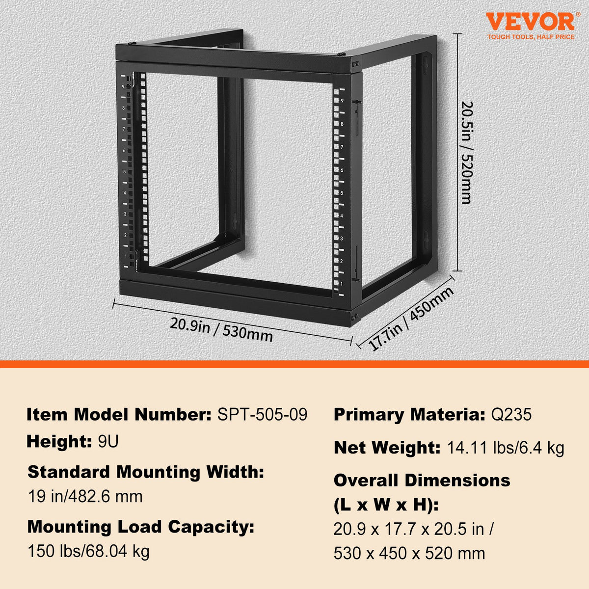 9U väggmonterat rack 68,04 kg öppen ram server nätverksrack svart 530x450x520 mm