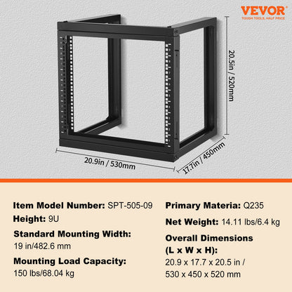 9U väggmonterat rack 68,04 kg öppen ram server nätverksrack svart 530x450x520 mm