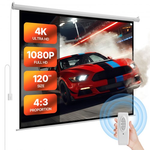 Motoriserad projektorduk, 3048 mm 4:3 1080 HD elektrisk projektorduk, väggmonterad projektorduk med fjärrkontroll, automatisk filmduk för hemmabio på familjekontor