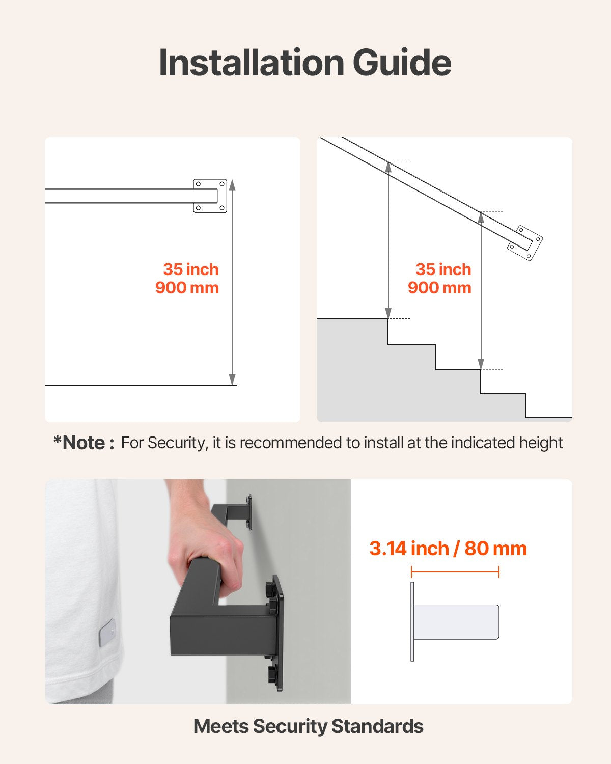 Väggmonterat trappräcke, 1215 mm svart järnräcke för inomhusbruk, 113 kg lastkapacitet, industriellt räcke för trappor, fyrkantigt rör för loft/veranda, 2 sektioner