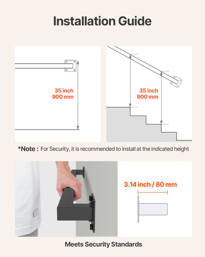Väggmonterat trappräcke, 1215 mm svart järnräcke för inomhusbruk, 113 kg lastkapacitet, industriellt räcke för trappor, fyrkantigt rör för loft/veranda, 2 sektioner