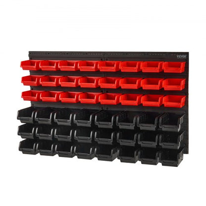 Wall Mounted Storage Bins, 48-Bin Parts Rack Organizer Garage Plastic Shop Tool with Wall Panels, Tool Organizer for Nuts, Bolts, Screws, Nails, Beads, Buttons, Other Small Parts, Black and Red