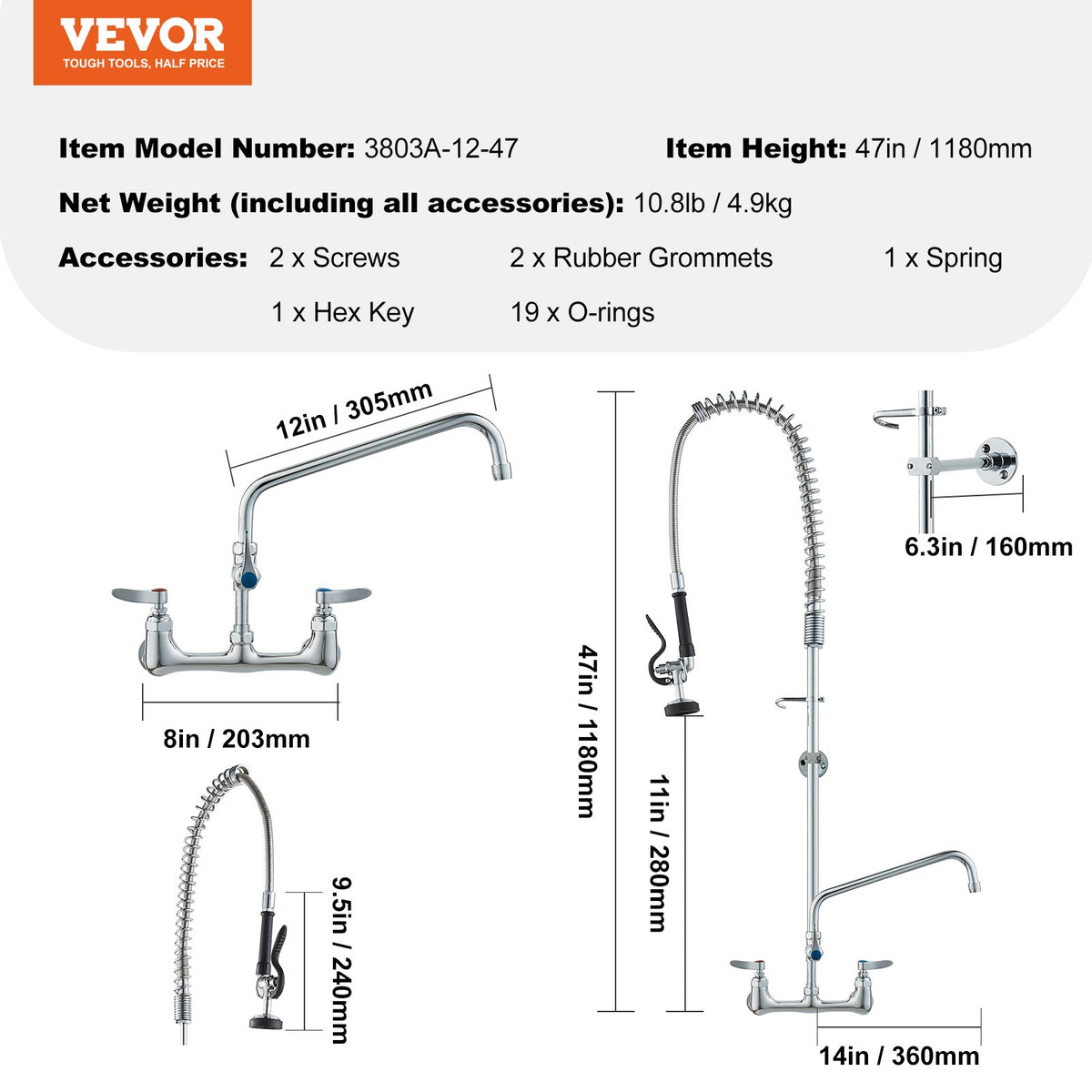 Kommersiell kran med förspolningsmunstycke, 113 cm höjd, 20 cm mittavstånd, 30 cm svängbar pip, väggmonterad köksblandare, mässingskonstruktion med neddragbar dusch, för 1/2/3-facks diskho