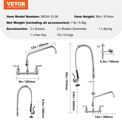Kommersiell kran med förspolningsmunstycke, 91,4 cm höjd, 20,3 cm i mitten, 30,5 cm svängpip, väggmonterad köksblandare, mässingskonstruktion med neddragbar spole, för 1/2/3-facks diskho