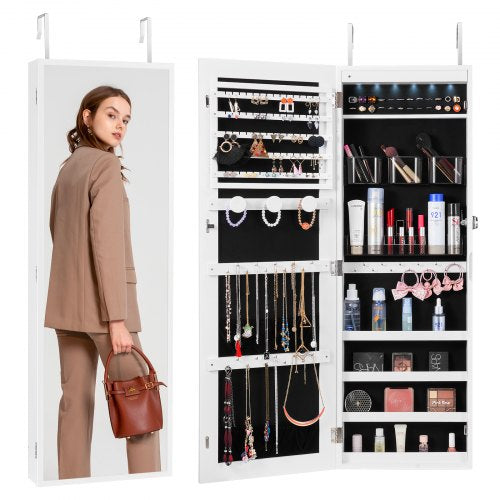 Mirror Jewelry Cabinet, 42.52-Inch Tall Lockable Jewelry Cabinet Armoire with Full-Length Mirror, Wall or Door Mounted Jewelry Mirror Organizer with LED Interior Lights and Velvet Lining, White
