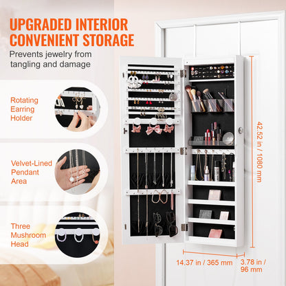 Mirror Jewelry Cabinet, 42.52-Inch Tall Lockable Jewelry Cabinet Armoire with Full-Length Mirror, Wall or Door Mounted Jewelry Mirror Organizer with LED Interior Lights and Velvet Lining, White